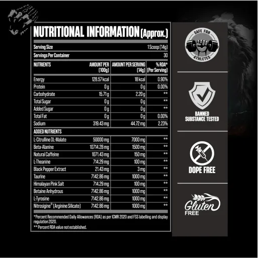 Big Muscle Karnage Black Pre-workout Nutritional Information