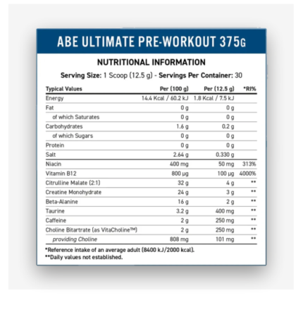 ABE All Black Everything Pre-workout Nutritional Information