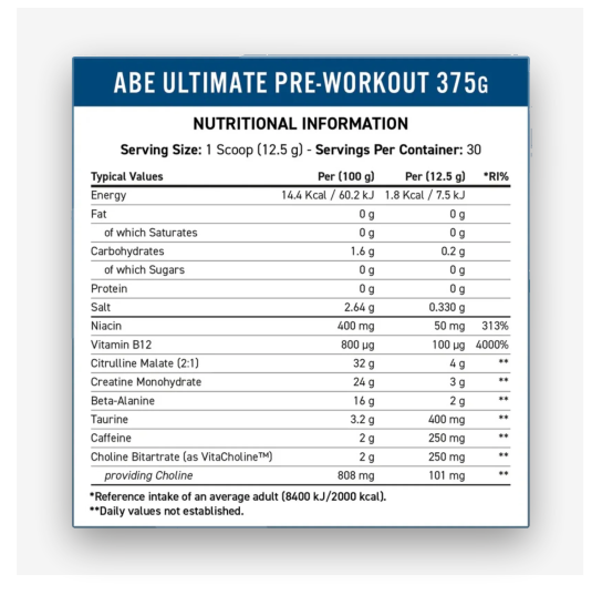 ABE All Black Everything Pre-workout Nutritional Information